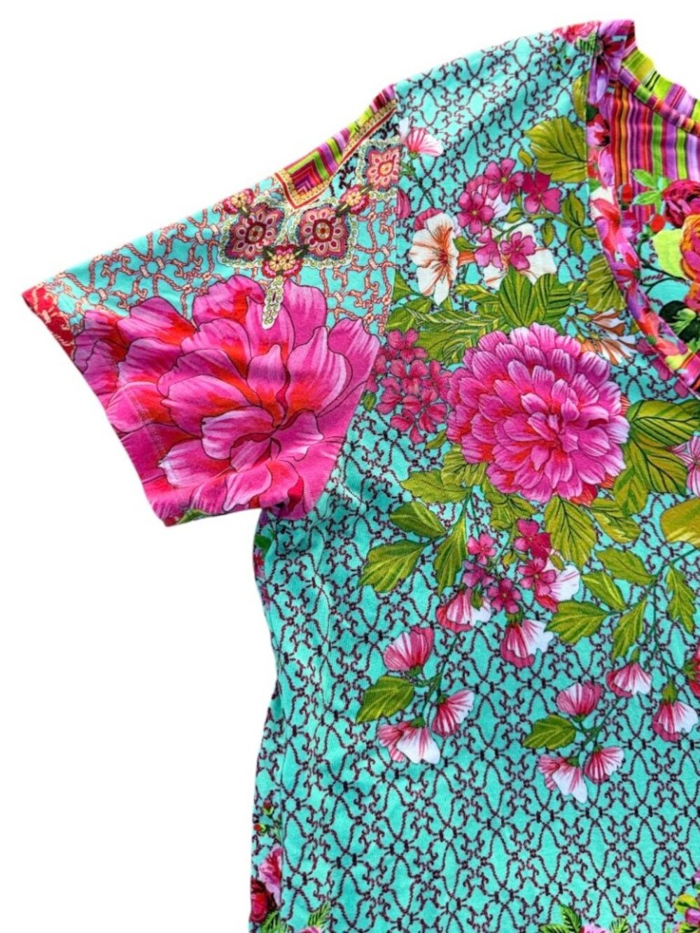 Johnny Was Floral Bamboo V-Neck Bohemian Jersey Top | Women’s Size L - Picture 5 of 13